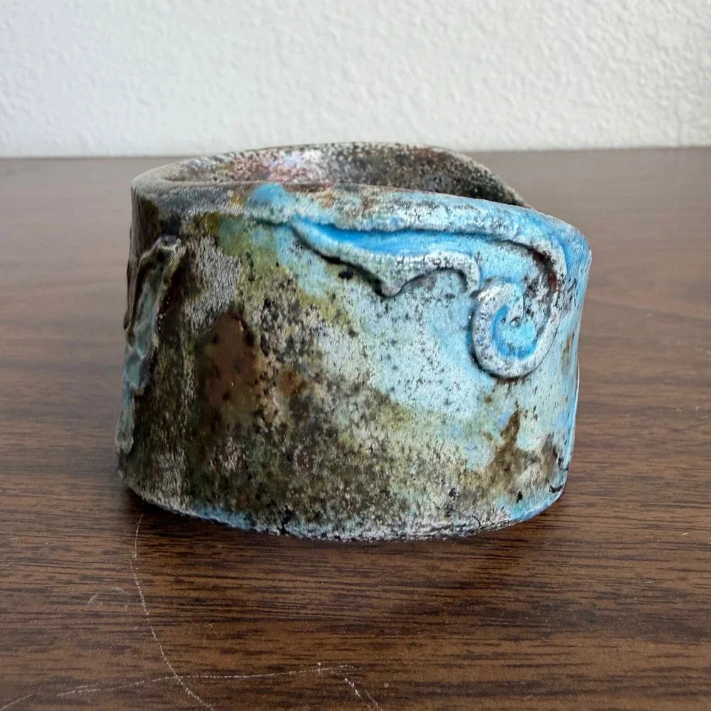 Wide Pottery Cuff Bracelet Ceramic Bangle Turquoise Butterfly Patina Boho NICE